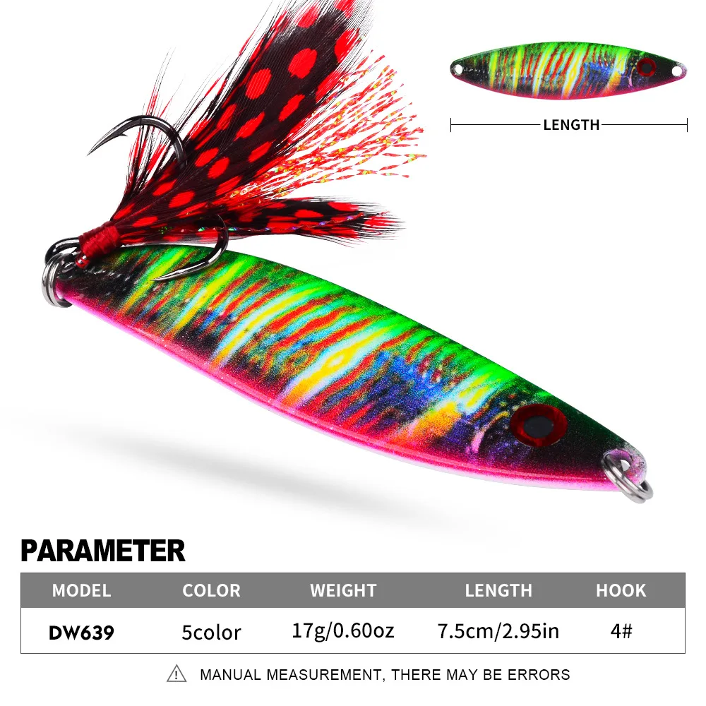 7,5 CM 17G patrón de escamas de pescado cuchara de Metal señuelo de pesca pesca en el mar cebo Artificial pluma anzuelo triple para aparejos de pesca de lubina - imagen 4