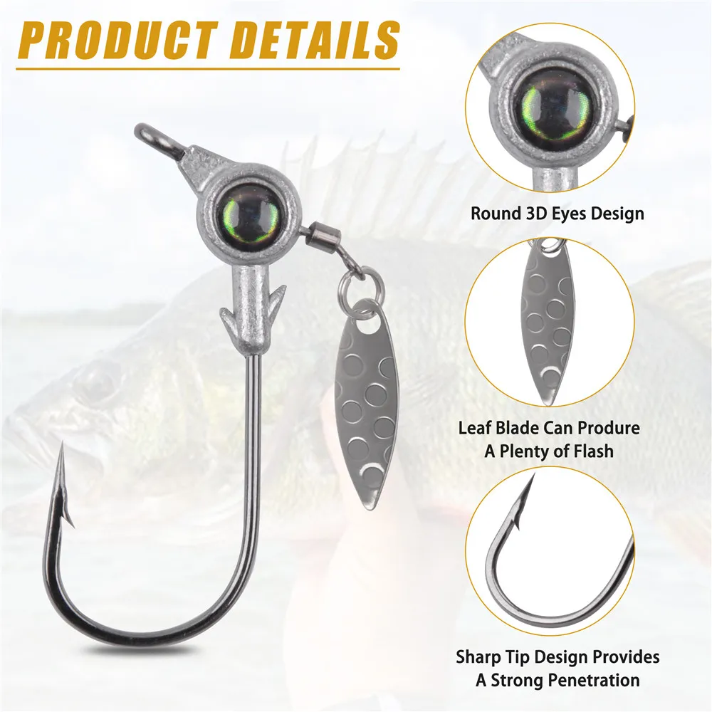 Kit de cabeza de plantilla Crappie, cabeza de bola redonda plana, ojos 3D con hoja giratoria, anzuelos de cabeza de plantilla underspin, lubina, trucha, pesca Walleye, 18 piezas - imagen 3