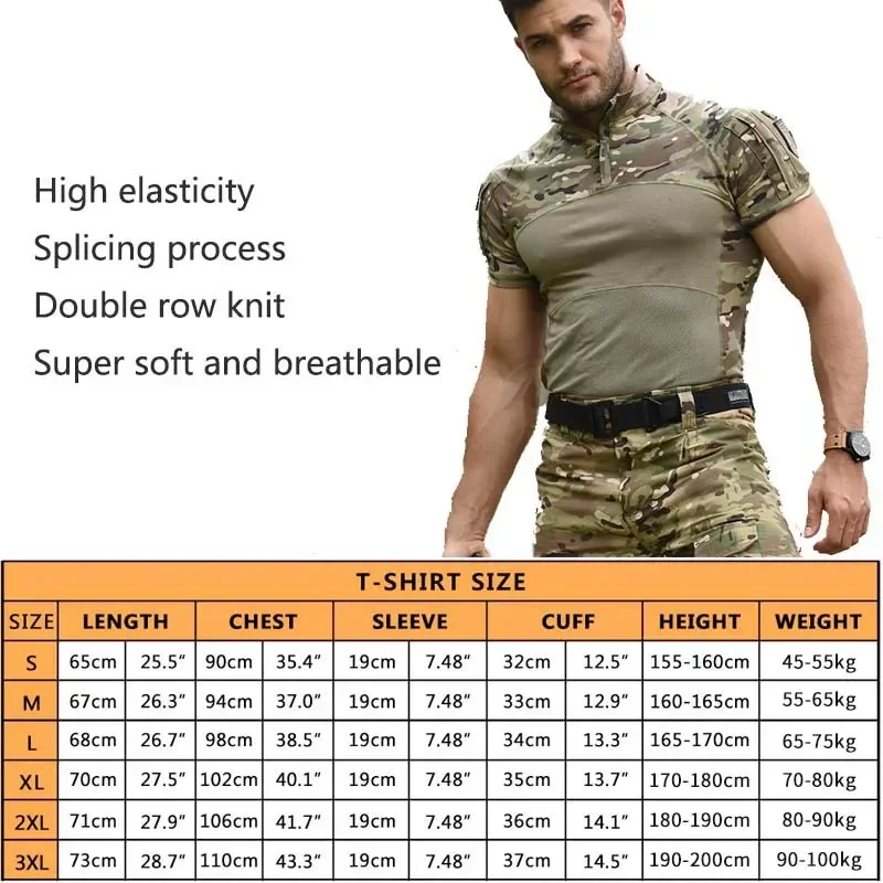Camiseta de verano para hombre al aire libre, camisas tácticas Airsoft, Camiseta de algodón de camuflaje de manga corta de combate elástico, ropa para Paintball, senderismo y escalada - imagen 2