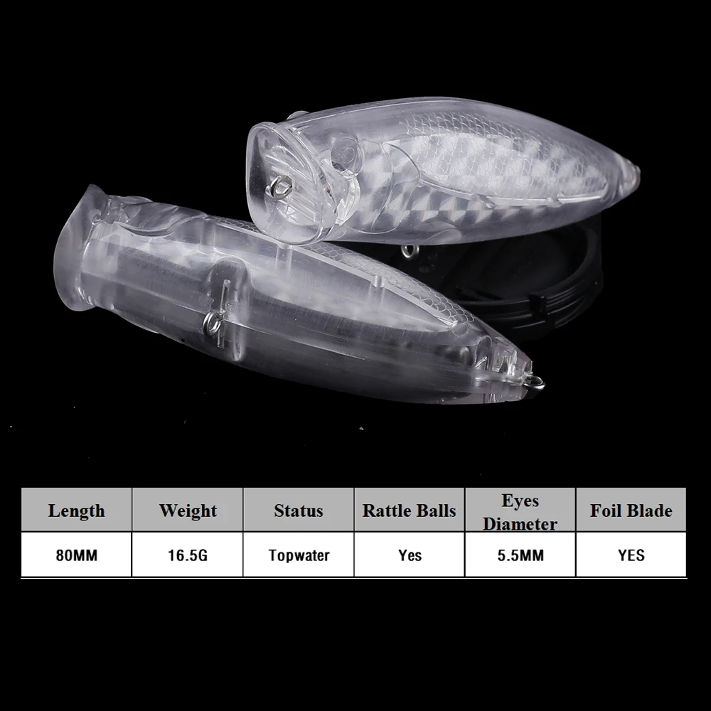 Chan’sHuang 10PCS Unpainted Blanks Bait 80mm 16.5g Topwater Large Mouth Holographic Laser Foil Popper  Rattles  Fishing Lure - imagen 2