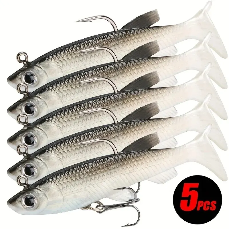 Señuelos de pesca 5 uds preinstalados Jig Head Paddle Tail Swimbaits de plástico suave para lubina trucha Walleye Crappie agua salada agua dulce