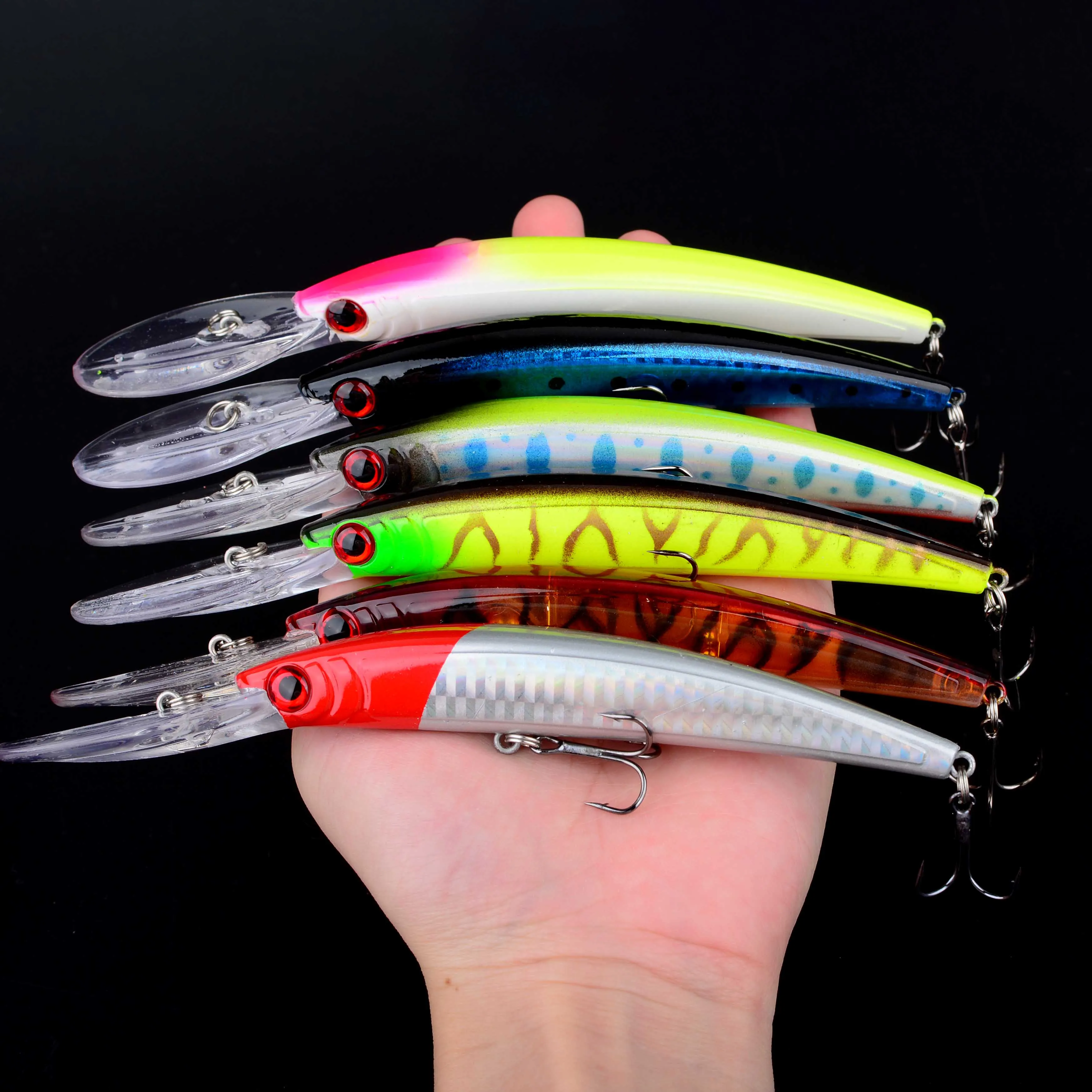 Señuelo de pesca Minnow con acabado láser y ojos 3D