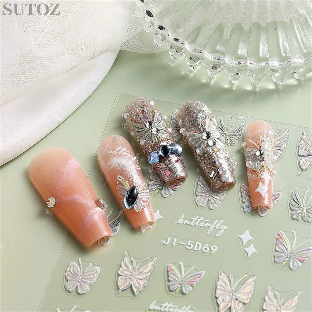 Pegatinas de mariposa 5D para uñas, adhesivos en relieve tridimensional deslizadores, calcomanía de Arte de uñas con purpurina, decoración de manicura - imagen 3