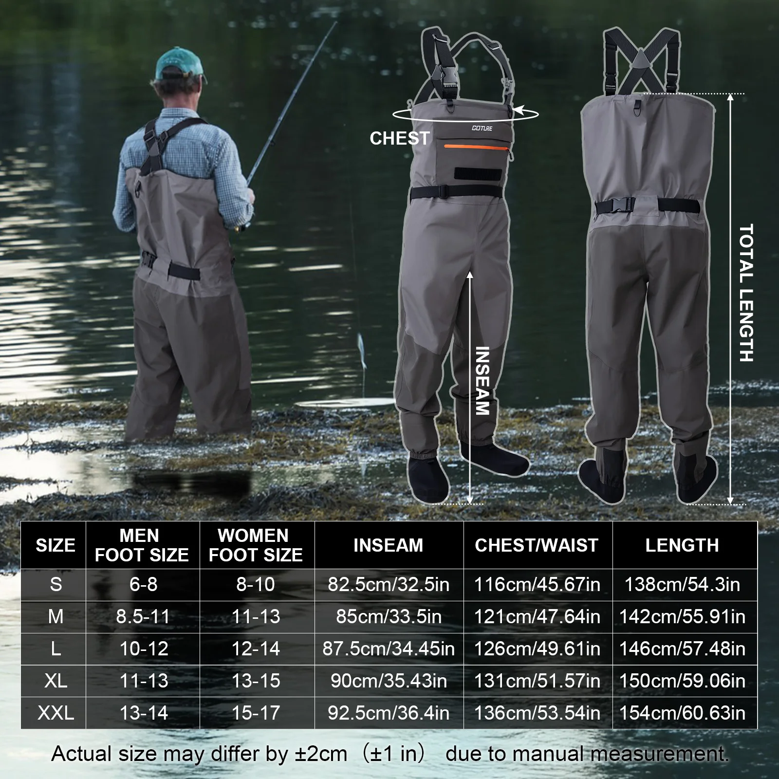 Goture Juego de botas de pescador con medias impermeables de 5 capas, botas de pesca con mosca transpirables para hombres y mujeres, múltiples bolsillos de almacenamiento, 5 tamaños - imagen 4