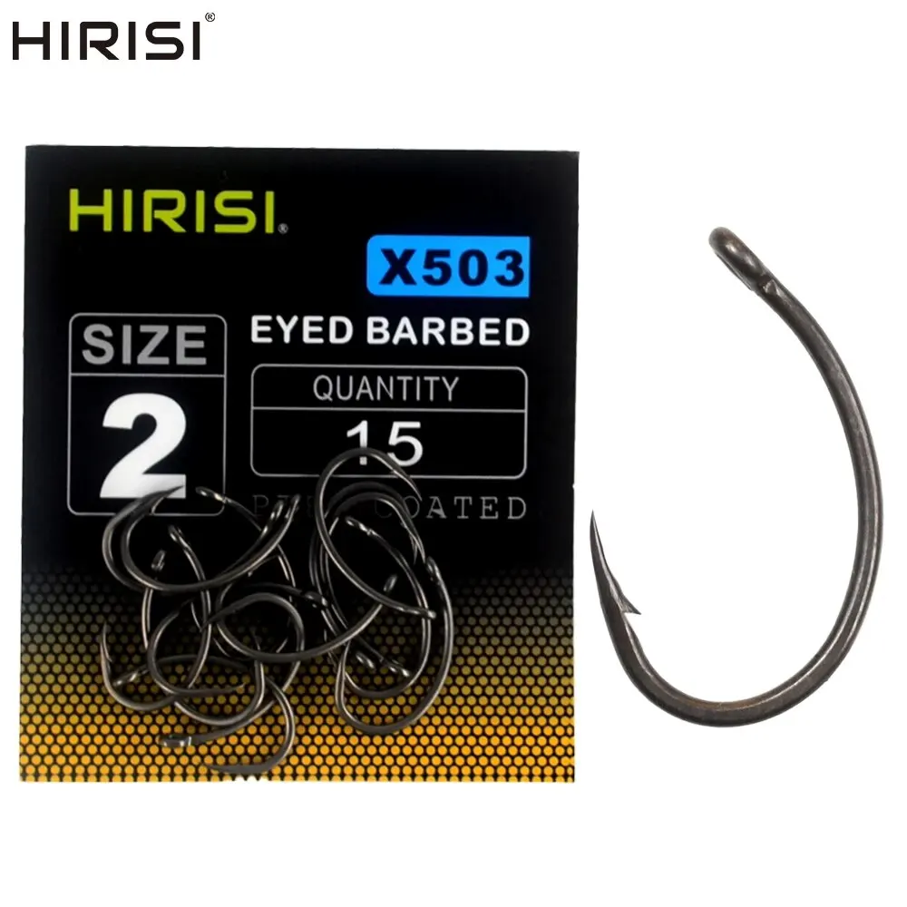Hirisi 15 Uds. Anzuelo de púas de acero inoxidable recubierto de PTFE con alto contenido de carbono con ojo X503 accesorios de pesca