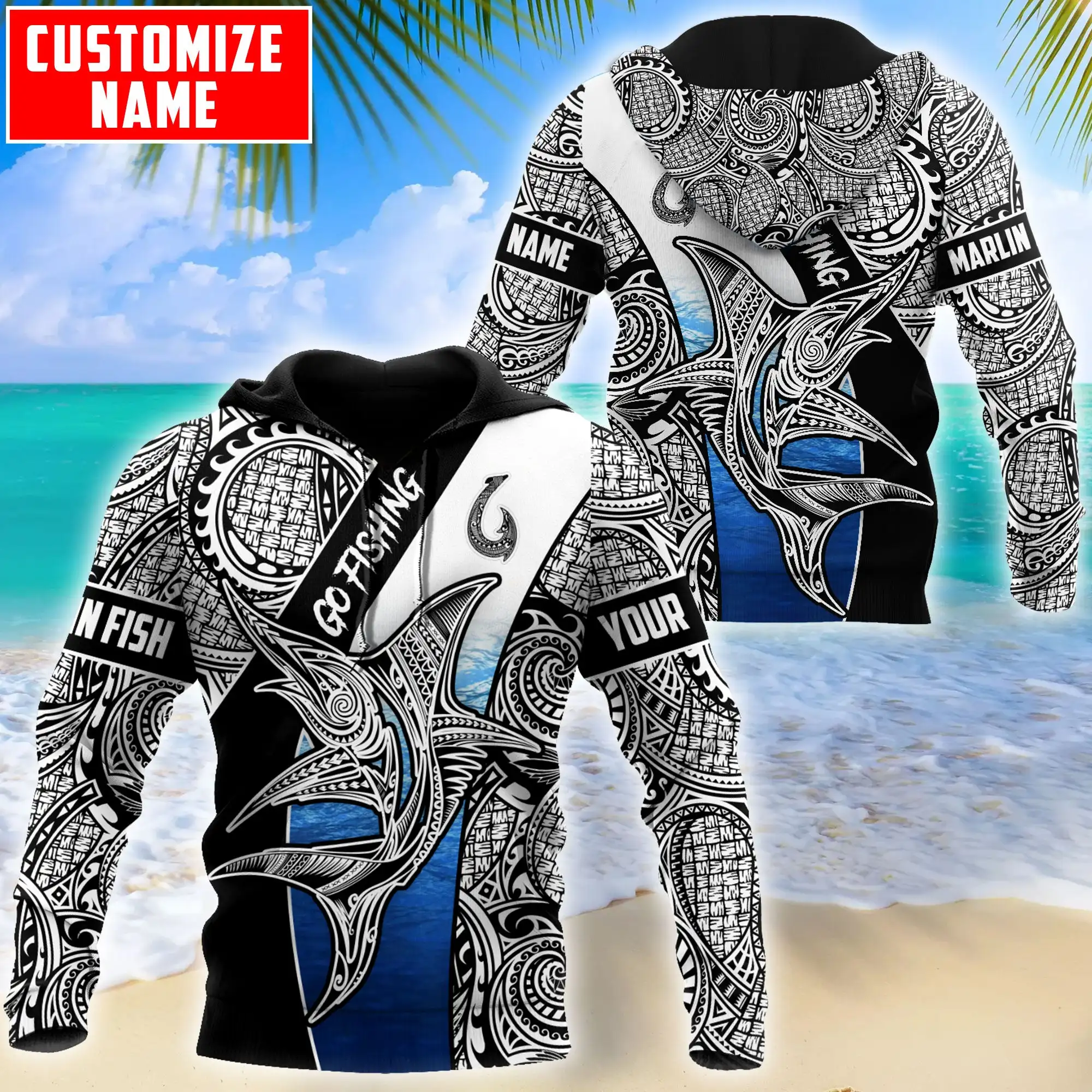 Polinesio Go Fishing Marlin Fish personalizado 3D impreso hombres Sudadera con capucha y sudadera Unisex Zip sudaderas con capucha chándales casuales KJ876 - imagen 3