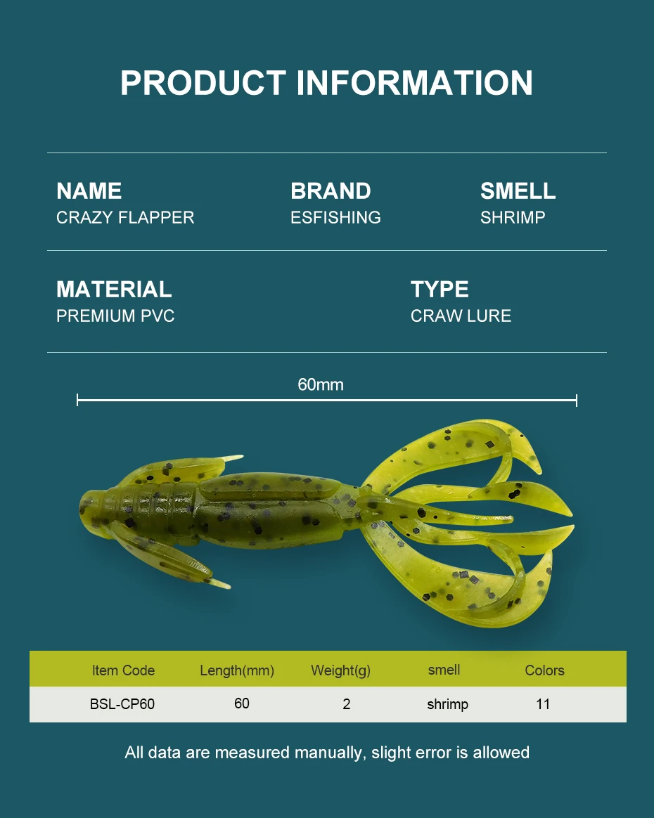 Crazy Flapper Craw Lure Premium PVC Craw señuelo con aroma de camarones y 11 colores