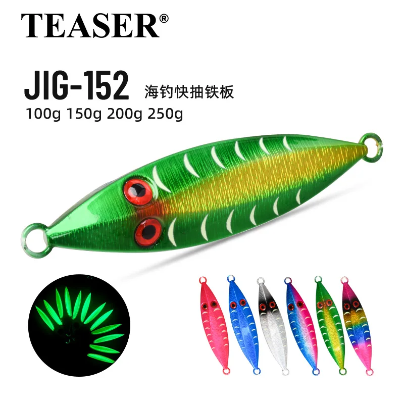 TEASER J152 100g 150g 200g 250g Zoutwater Lichtgevende Vissen Metalen Jigging Lokken Isca Pesca Lange casting Zinkende Metalen Jig Aas