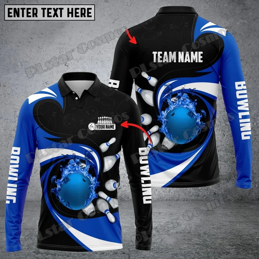 Polo de manga larga para hombre con estampado 3D de bola de bolos y pines, diseño de vórtice, nombre personalizado, Polo Unisex informal de otoño PLP81 - imagen 2