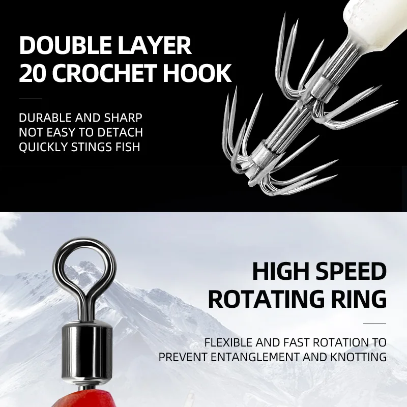 3/6 unids/bolsa 3D láser Horizontal camarón calamar gancho que brilla en la oscuridad madera camarones doble paraguas gancho pipa calamar señuelo - imagen 2