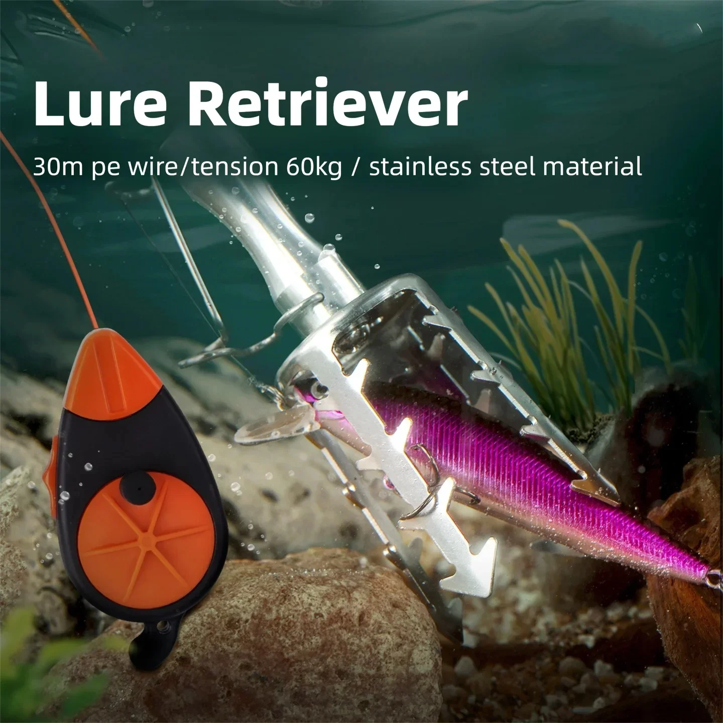 Recuperador de señuelos de acero inoxidable con línea de PE de 60m, fuerza de tracción de 132LB, pinza de cebo, señuelos de peces atascos, buscador de cebo, herramientas de pesca - imagen 2