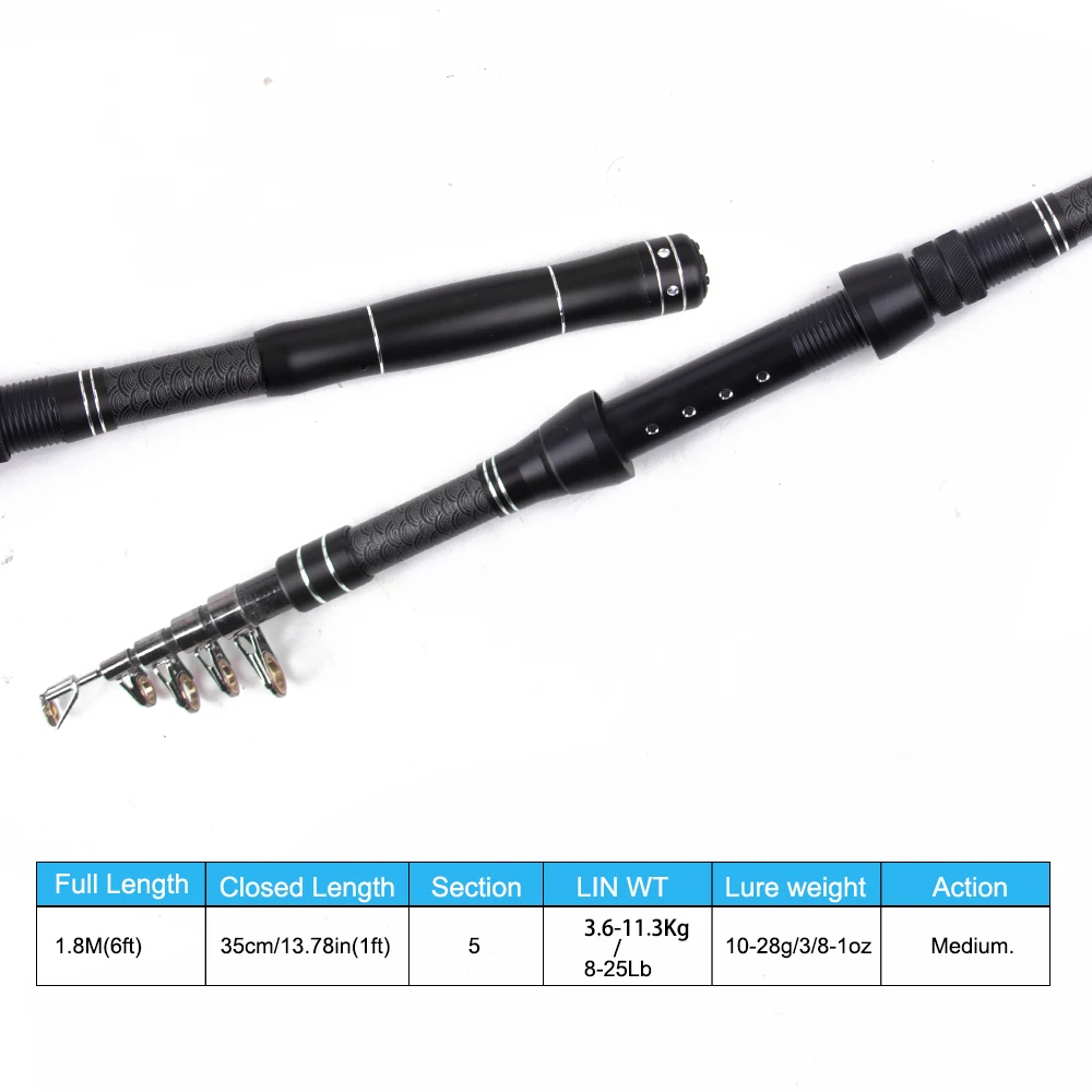 Caña de pescar giratoria telescópica, alimentador de 1,8 m, de viaje, de fibra de carbono, ligera, acción media - imagen 2