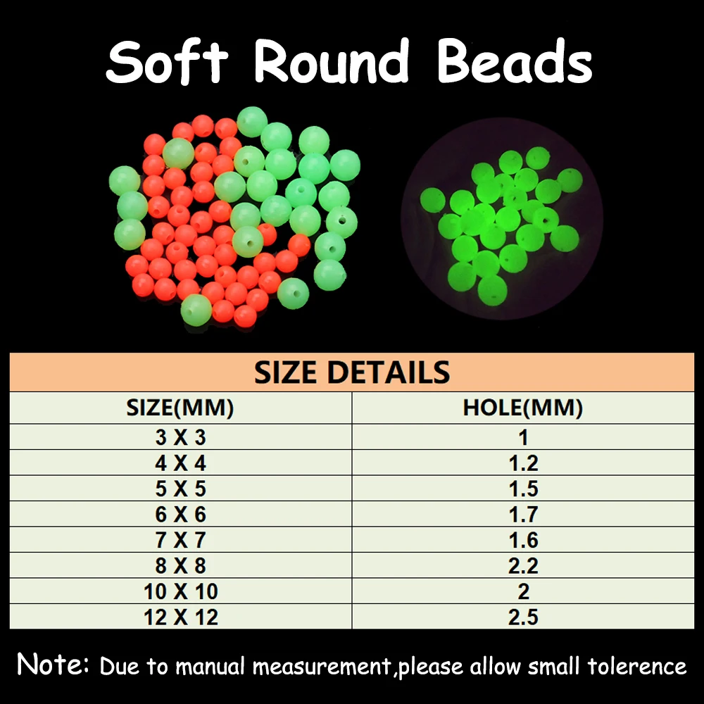 100 Uds. Cuentas de pesca luminosas de goma suave ovaladas, cuentas que se hunden brillantes para aparejos de pesca con anzuelo triple, aparejos de señuelo de pesca verde y rojo - imagen 5