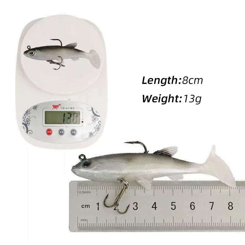 Señuelo de pesca con forma de T, cebo de 5 piezas, ojos 3D realistas, pez de plomo envuelto, 8CM, 13G, pez falso suave, aparejos de pesca biomiméticos artificiales, 220G - imagen 5