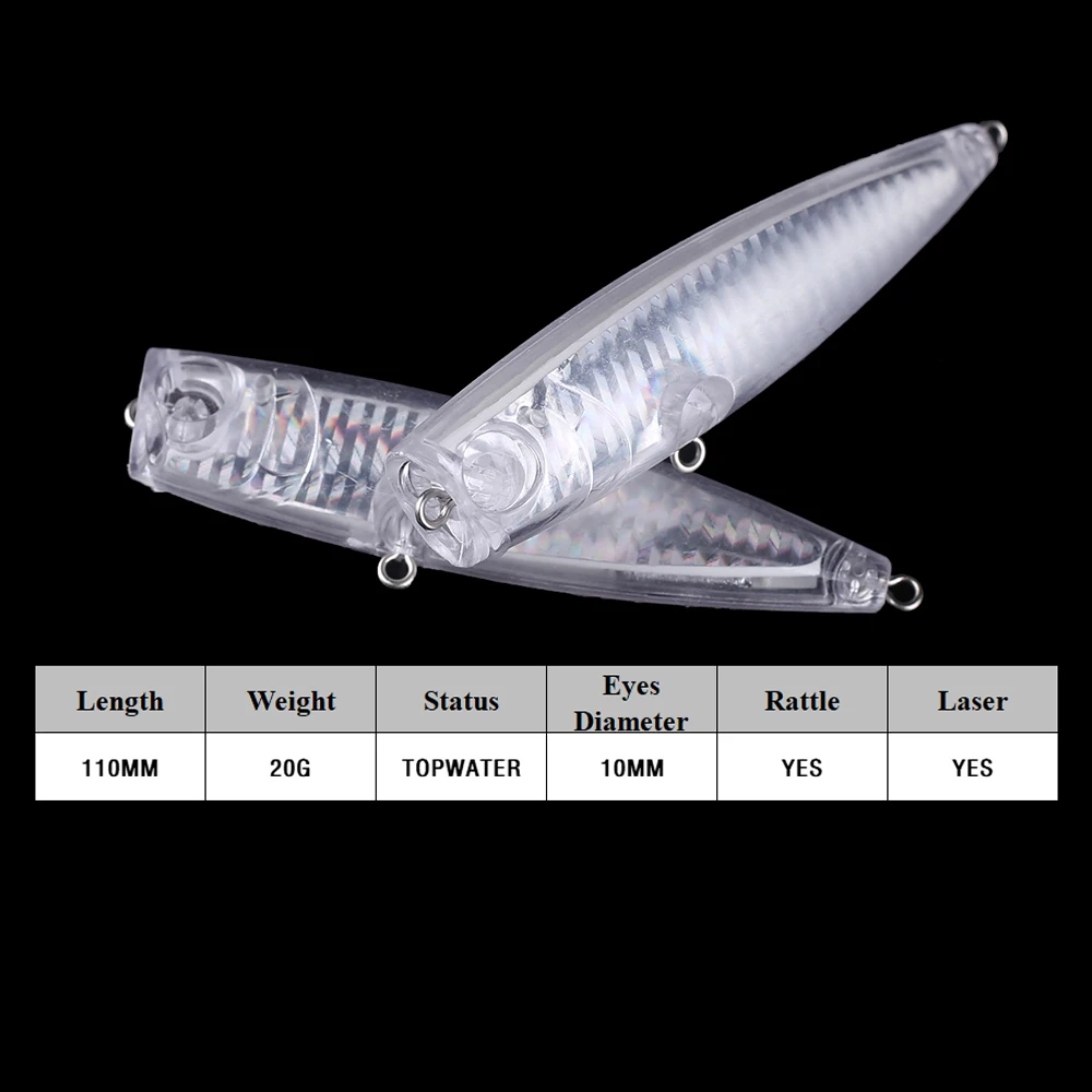 Chan'sHuang-Cebo en blanco sin pintar, 10 piezas, 11cm, 20g, lámina de superficie interior, sonajeros holográficos, Popper, señuelo de pesca Artificial DIY - imagen 2