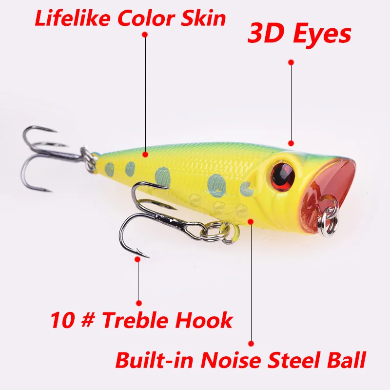 1 pieza de agua superior señuelos de pesca 5cm 3.5g popper wobblers señuelos artificiales de plástico sólido con 10 # Crankbaits anzuelos equipo de pesca - imagen 4