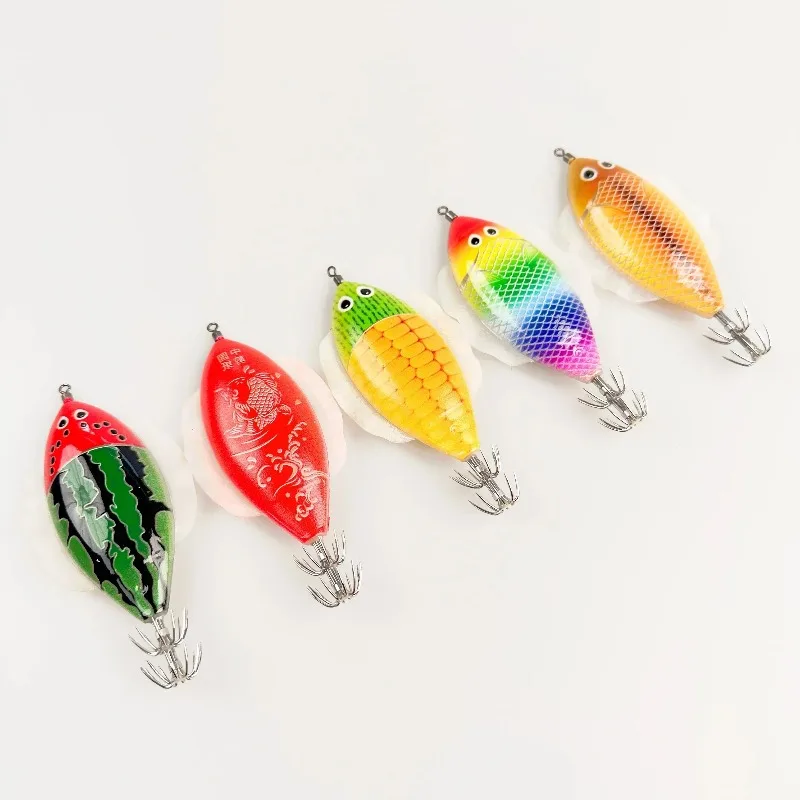 Color aleatorio, 5 uds., anzuelo de madera para camarones, calamar, anzuelo plano de madera para equilibrio de camarones, cebo simulado, cebo de imitación, señuelos de peces de plumas - imagen 5