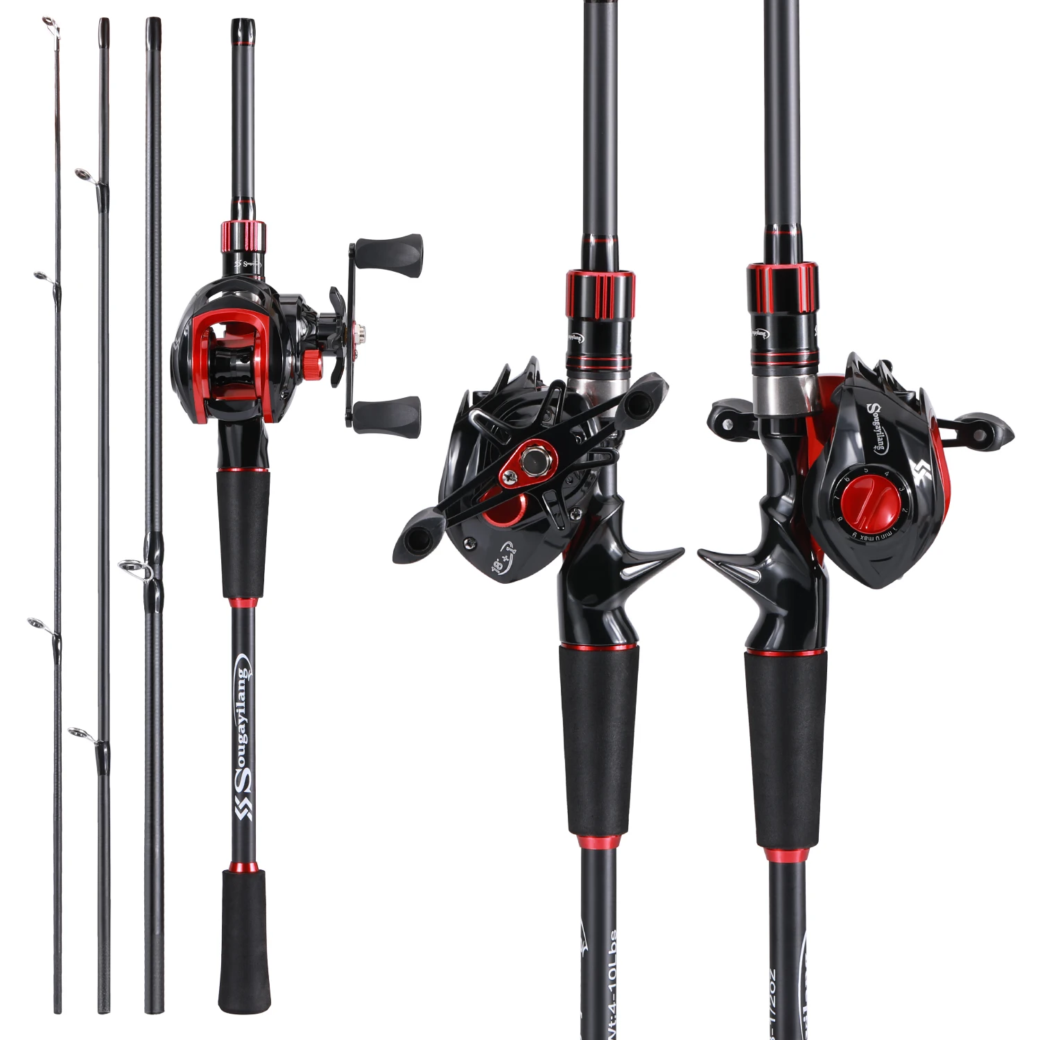 Sougayilang-combo de pesca Baitcasting, caña de fibra de carbono de 4 secciones, carrete de pesca con freno magnético 7,2: 1, con accesorios para bolsa de línea - imagen 2