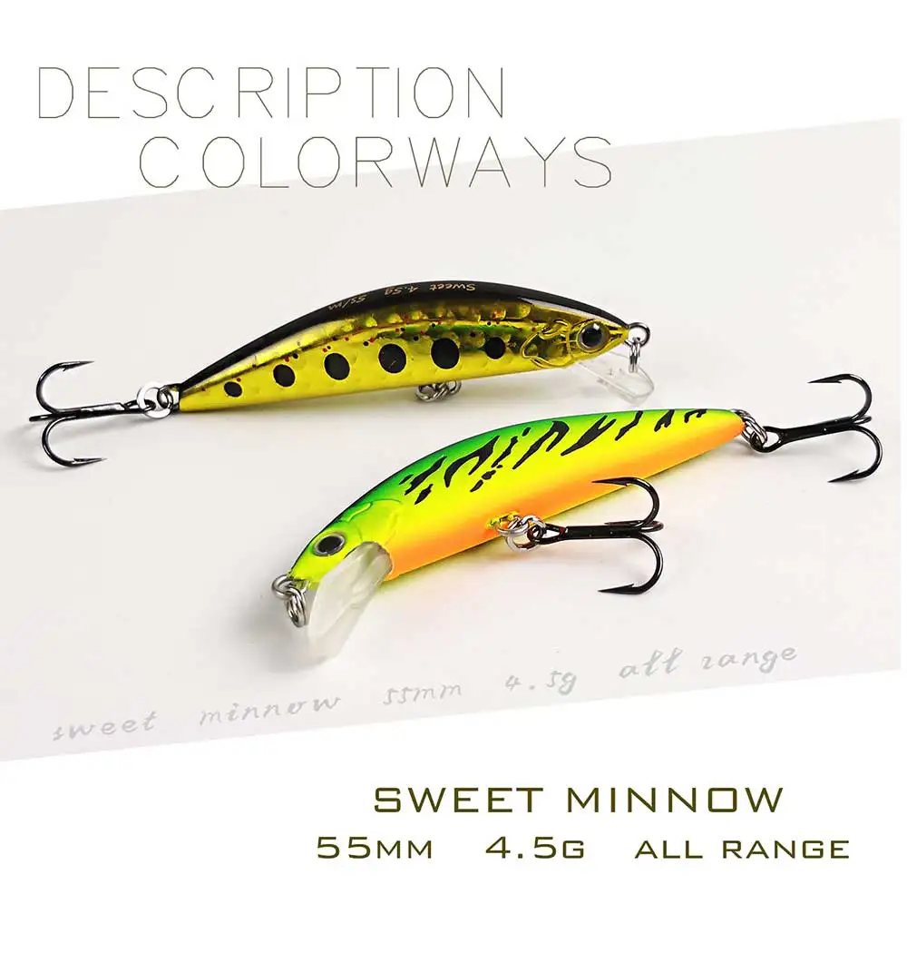 Descubra los colores vibrantes de estos dulces señuelos de pesca de pececillo perfectos para las aventuras de pesca de todo el rango