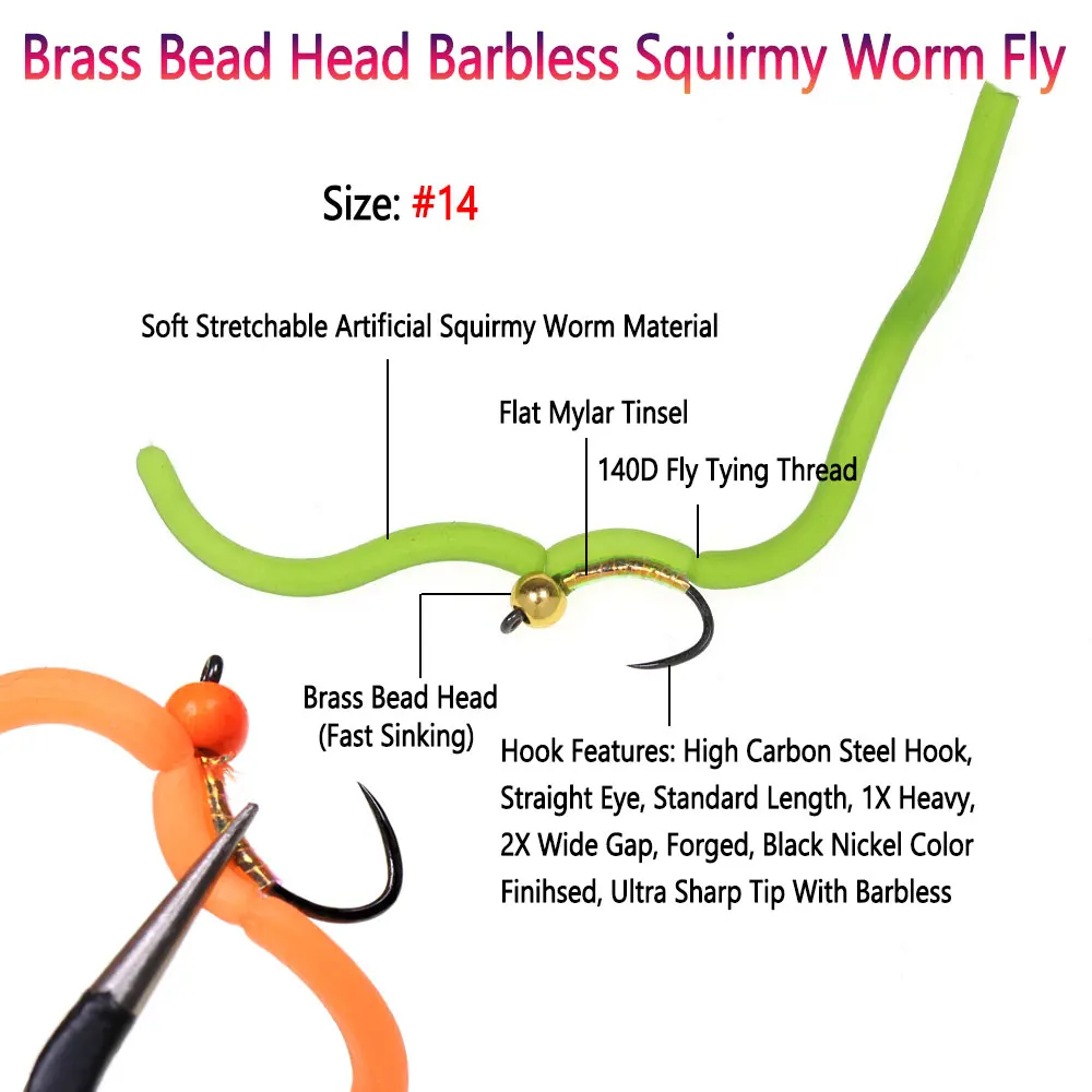 Bimoo Squirmy Worm #14 – Cabeza de latón sin muerte para trucha - imagen 2