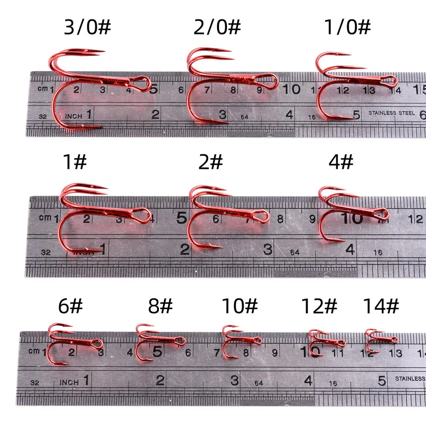 Anzuelos de Pesca de acero de alto carbono, anzuelos triples redondos doblados para Pesca de lubina de agua salada, rojo 2/4/6/8/10 #, 10 unidades por lote - imagen 5