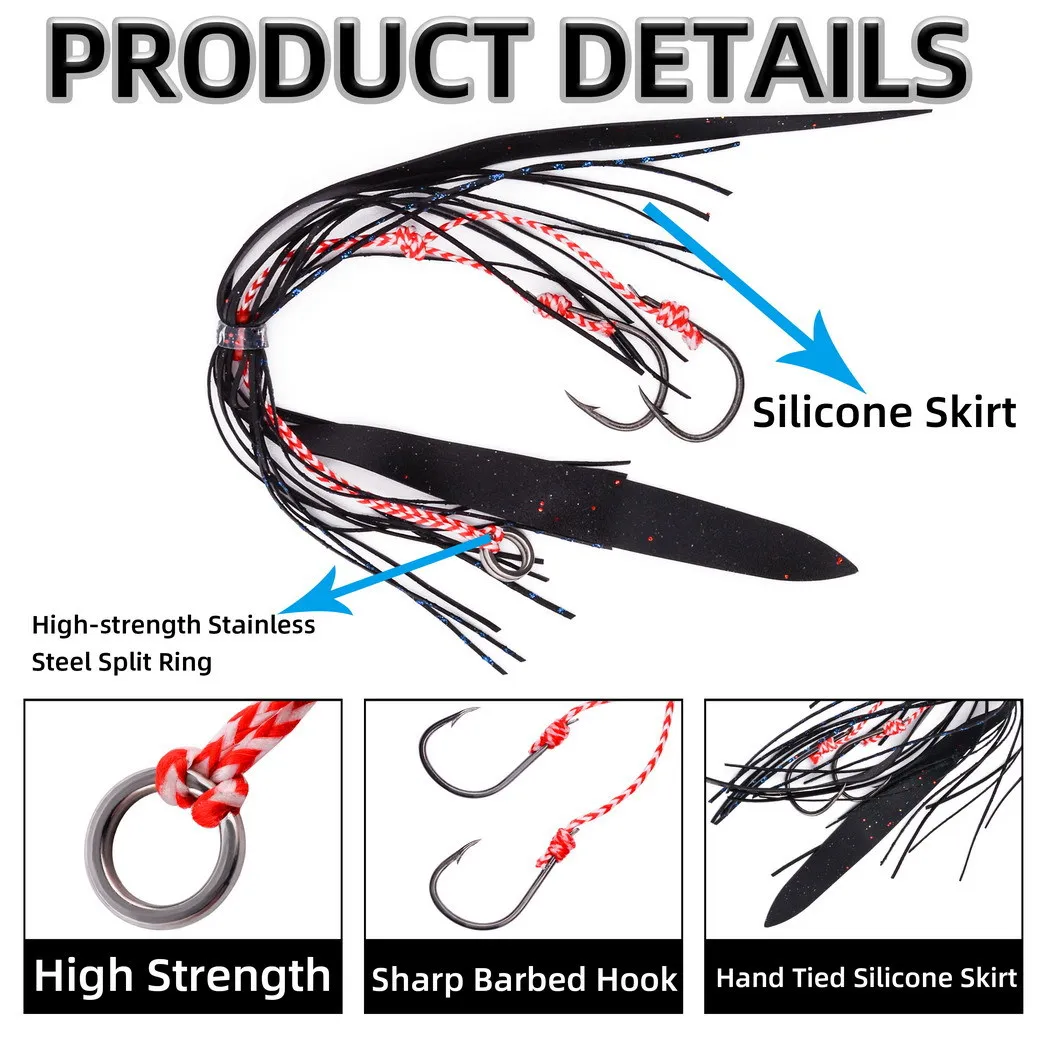 10 unids/set señuelo de falda de sílice para pesca, cebo de pesca de mar con anzuelos dobles de acero rico en carbono, equipo de pesca para barco, señuelo de remolque - imagen 3