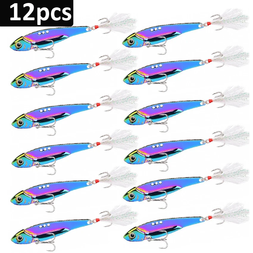 12 Uds. De lentejuelas vibratorias coloridas, 25g-7g, juego de Señuelos de Pesca VIB de fundición larga, cebo Artificial para lubina, cuchara giratoria que se hunde, Swimbait