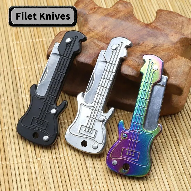 Mini llavero de guitarra, cuchillo plegable de acero inoxidable, cuchillos de filet de pesca, cuchillo plegable multifunción portátil para exteriores
