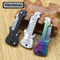Mini llavero de guitarra, cuchillo plegable de acero inoxidable, cuchillos de filet de pesca, cuchillo plegable multifunción portátil para exteriores