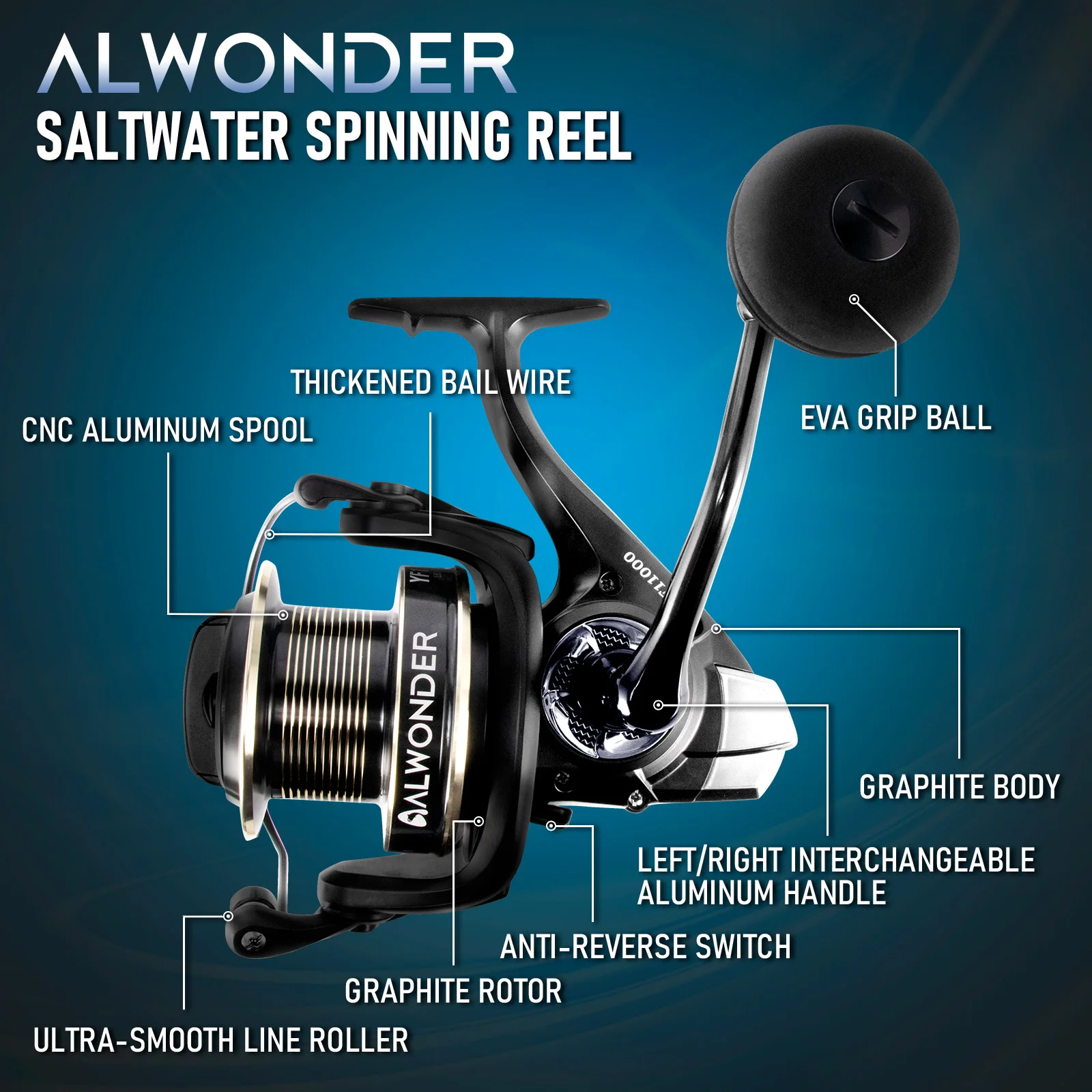 Carrete de pesca de Surf 13 + 1BB, cuerpo de grafito, carrete de aluminio para juego grande, mar, océano, agua salada en alta mar, atún resistente - imagen 3