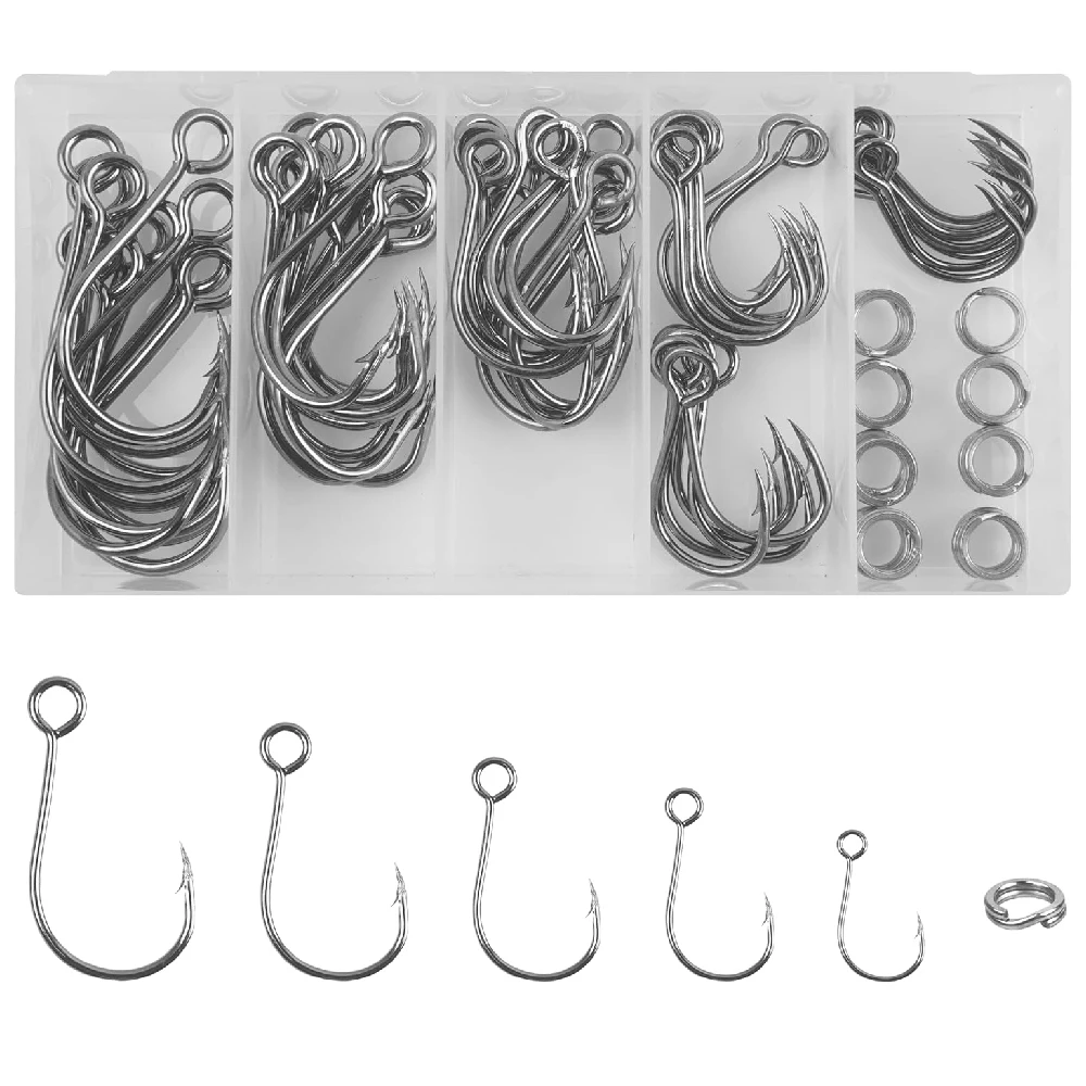 80 Uds. Anzuelos de pesca de un solo ojo grande en línea, anzuelos de ojo grande con anillos divididos para lubina, salmón, Spinner, tapones para cebo, plantillas, señuelo