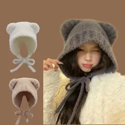Gorro de lana con orejas de oso Y2k, gorros cálidos con protección para los oídos, gorra Bomber de punto con cordones y cuerda