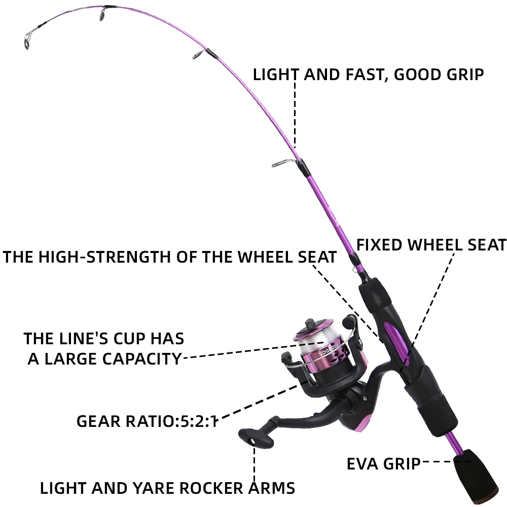 Combo de carrete de caña de pescar en hielo, caña de invierno de fibra de carbono de 68cm y relación de engranaje 5,2: 1, carrete giratorio, accesorios para anzuelos y Señuelos de Pesca - imagen 2