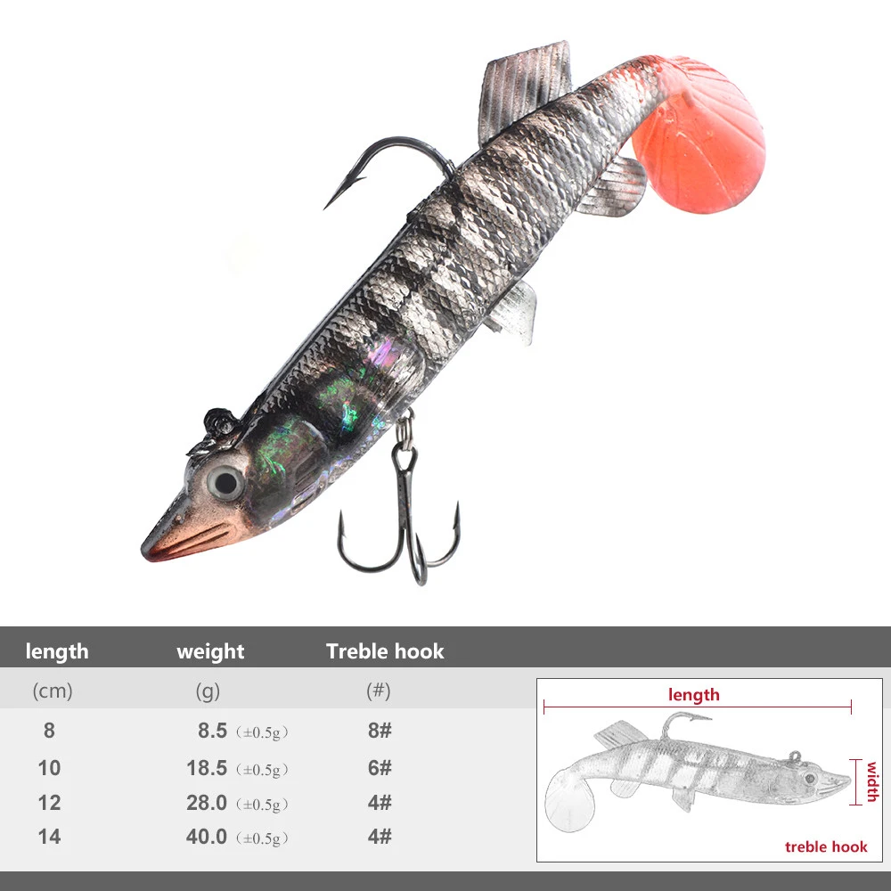 FTK-señuelo de pesca suave con ojos 3D, cebos de pesca con cola en T, anzuelo triple, cebo Artificial, plantilla para pesca, 8g/18g/28g/40g - imagen 3