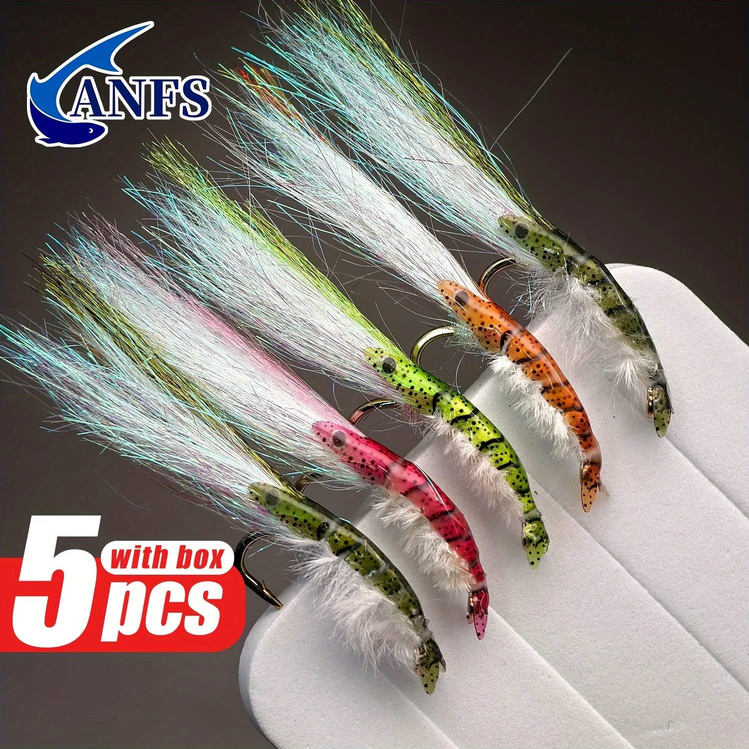 ANFS 5 uds Kit de Señuelos de Pesca con Mosca de colores mezclados-Camarones moscas de pesca con mosca húmeda-Regalo increíble para pescador