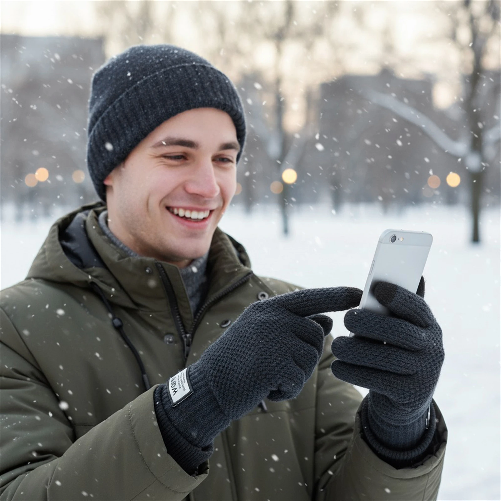 Guantes de ciclismo para hombre, cálidos guantes de punto con pantalla táctil y forro polar, patrón de piña para ciclismo, actividades al aire libre, invierno