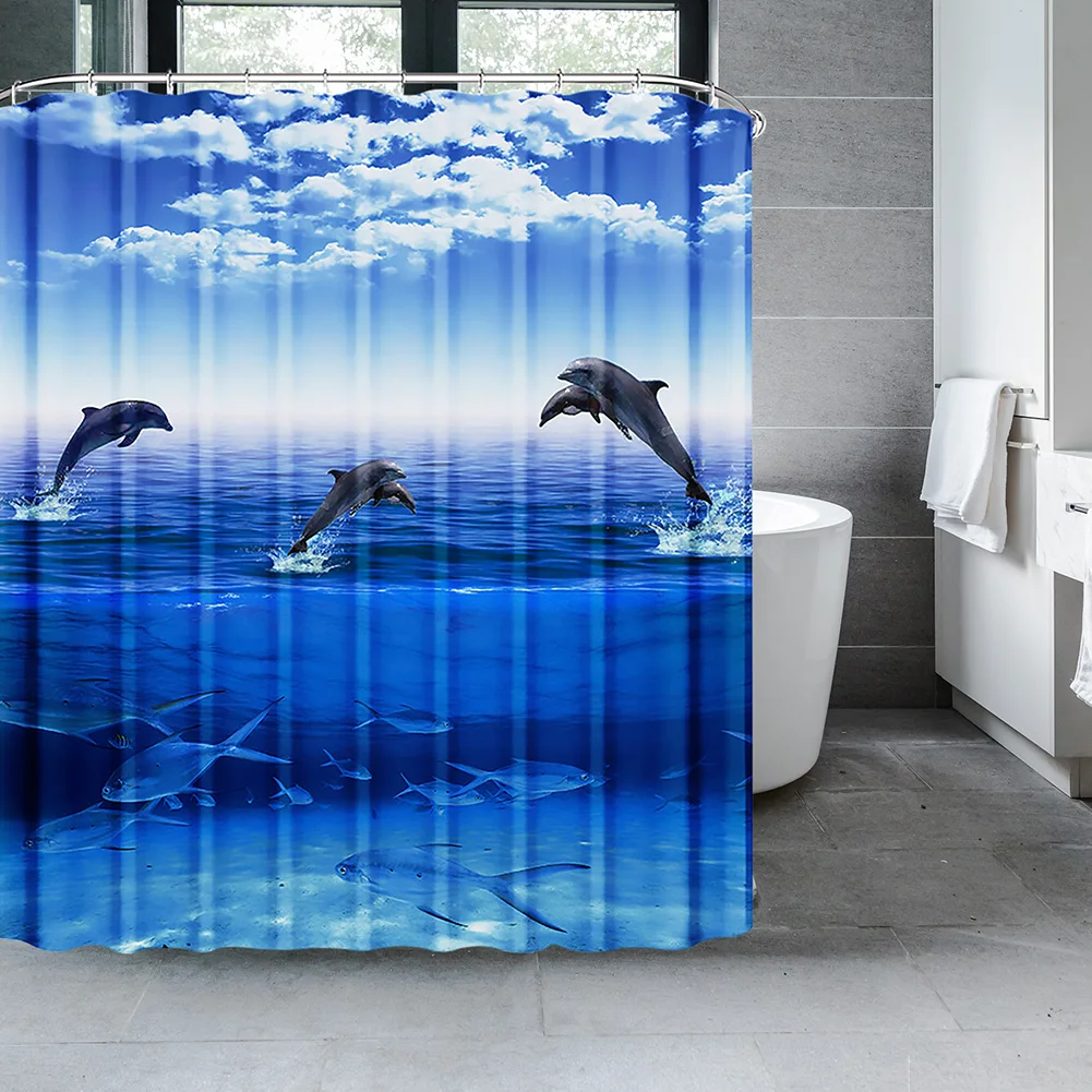 Cortina de ducha de delfines, tela de poliéster de la vida marina del mundo submarino azul, conjunto de decoración de baño con temática de océano para niños con 12 ganchos - imagen 5