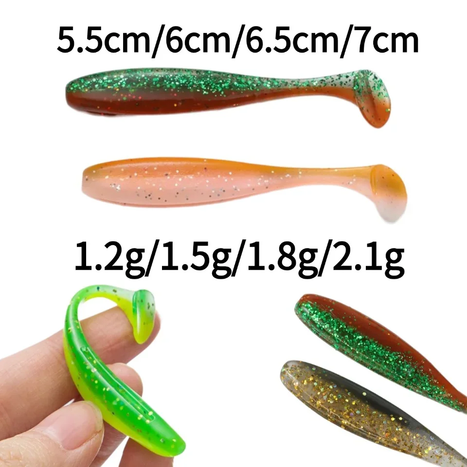 SWOLFY-Señuelos de Pesca de cola en T, 20 piezas de 5cm/5,5 cm/6cm/6,5 cm/7cm, suave, Artificial, aparejos de cebo, Jerkbaits, Lucio - imagen 5