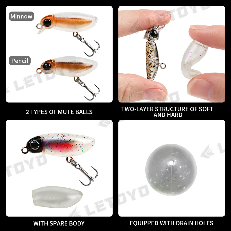 LETOYO, señuelo de pesca de trucha MuteBall Minnow38F/Pencil38F, cebo de insectos artificiales de superficie de 38mm y 2,7g, cuerpo de plástico suave, Mini señuelo flotante - imagen 5