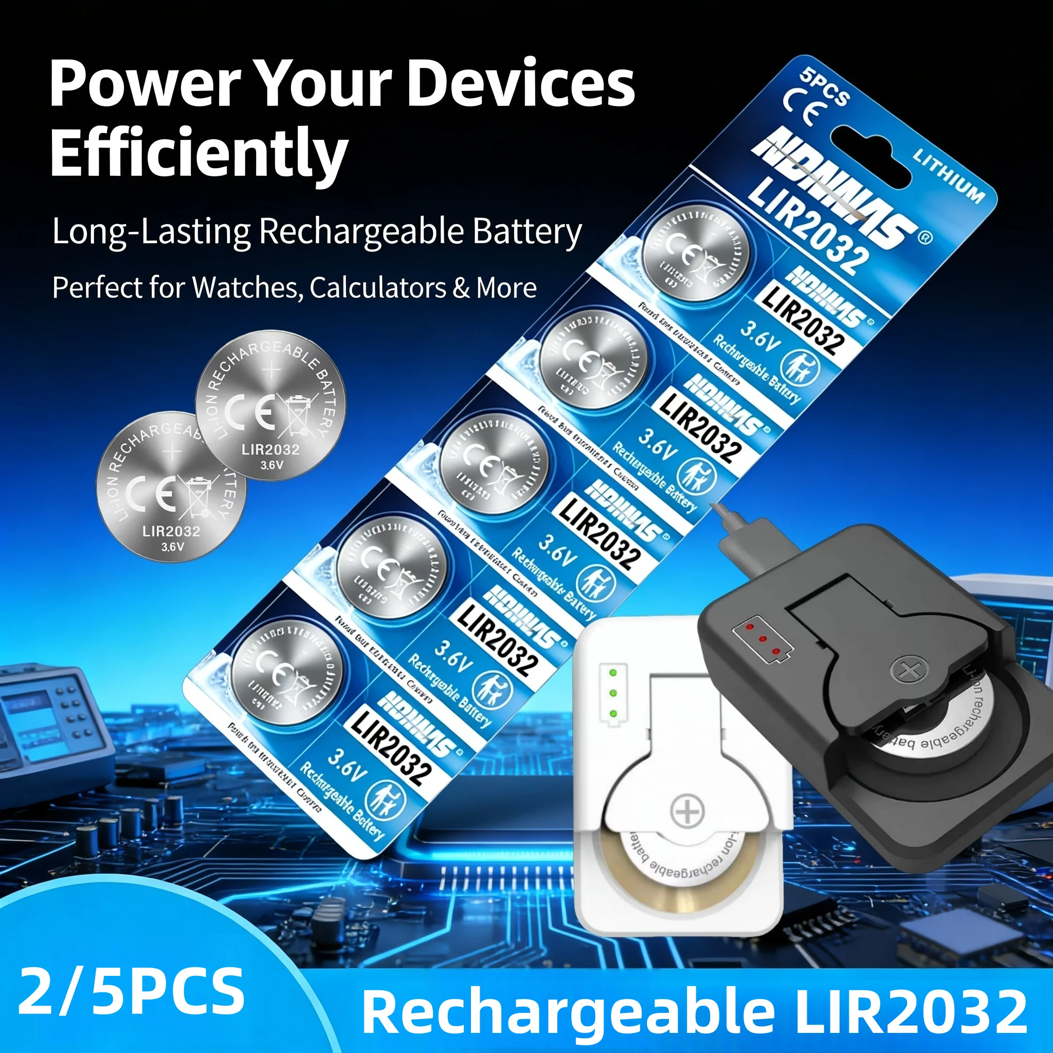 Pila recargable LIR2032 3,6V con cargador para electrónica de pesca
