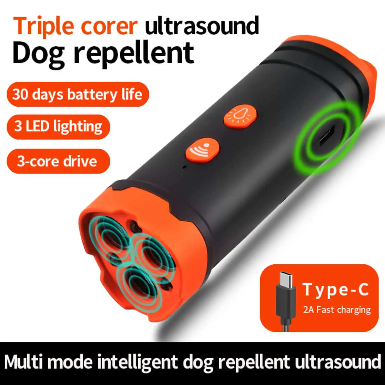 Repelente ultrasónico para perros con luz LED, entrenador ultrasónico portátil de alta potencia de tres núcleos, repelente de perros grandes y viciosos - imagen 3