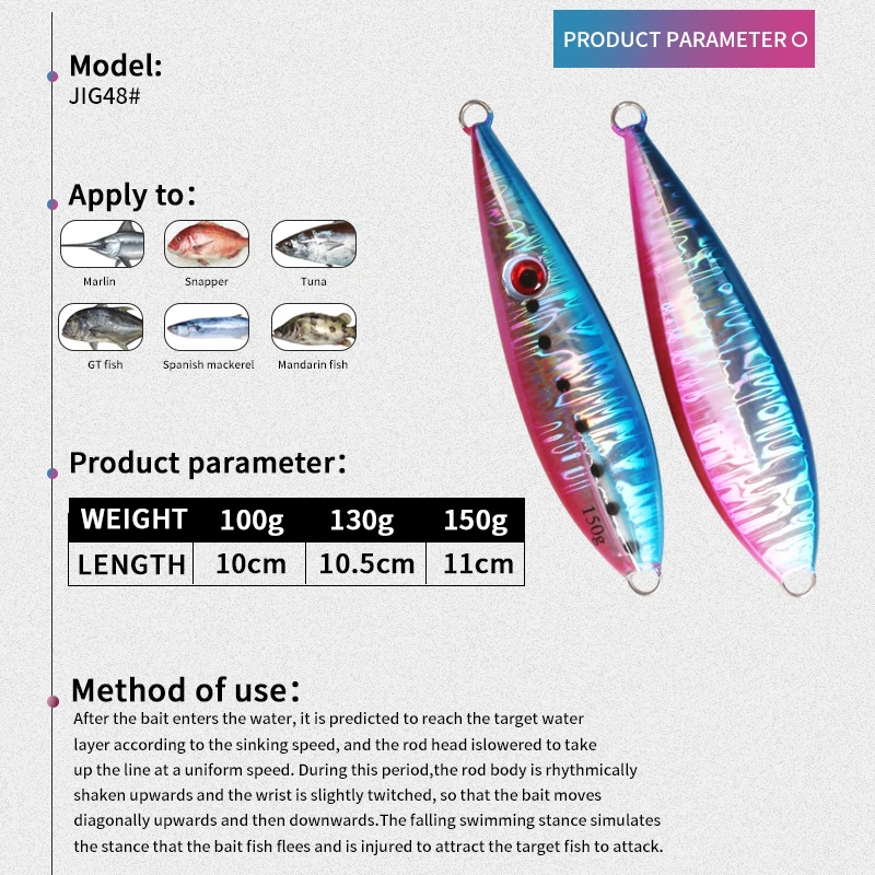 TEASER J48 100g 130g 150g cuchara de hundimiento lento Señuelos de pesca Jigging Metal agua salada aguas profundas plantillas luminosas señuelo plantilla Vertical cebo - imagen 3