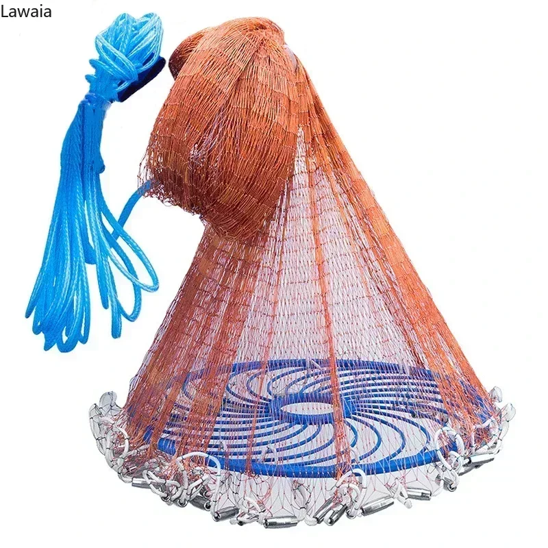Lawaia Cast Network con colgante de acero, línea trenzada, red de pesca manual con anillo azul de plástico grande, aparejos de red para pesca