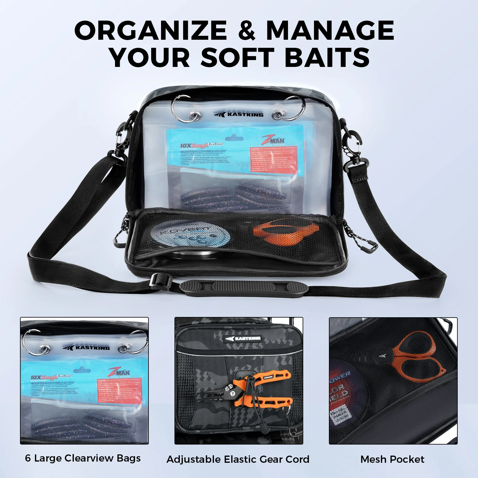 KastKing BaitSpace Bolsa de aparejos con carpeta de cebo desmontable – Mangas transparentes grandes, tela duradera resistente al agua 900D, plástico blando B - imagen 2