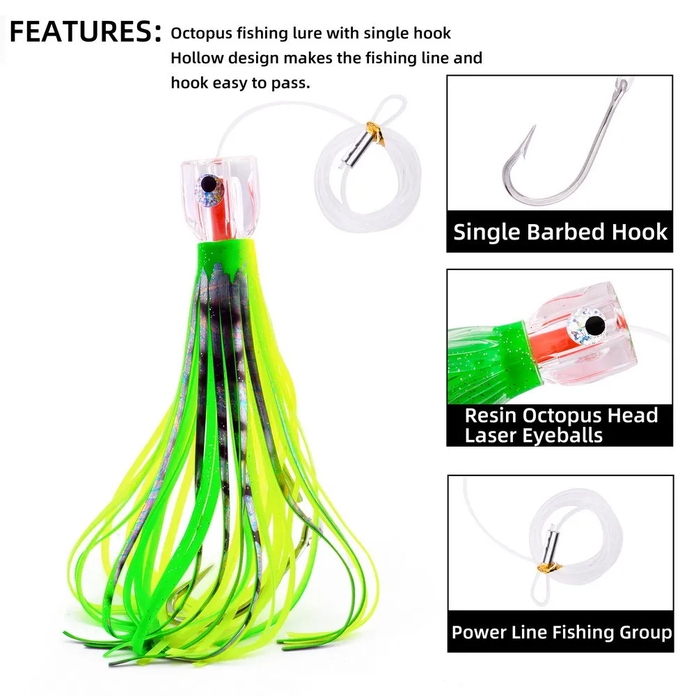 Señuelo de falda suave de pulpo con cabeza de resina, 9 pulgadas/22,8 cm, barco de aguas profundas, pesca, cebo grande de curricán para atún Wahoo, hundimiento rápido, 1 Uds. - imagen 5