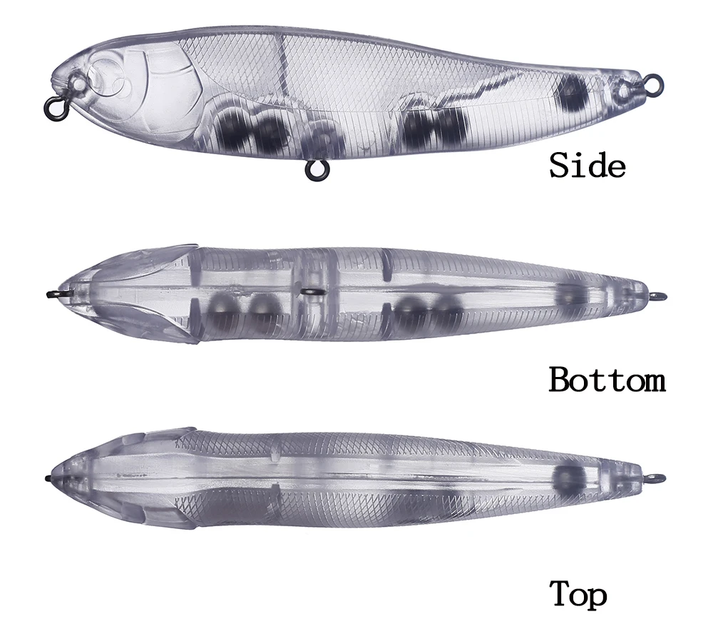 Un señuelo de pesca transparente con múltiples elementos de diseño llamativos