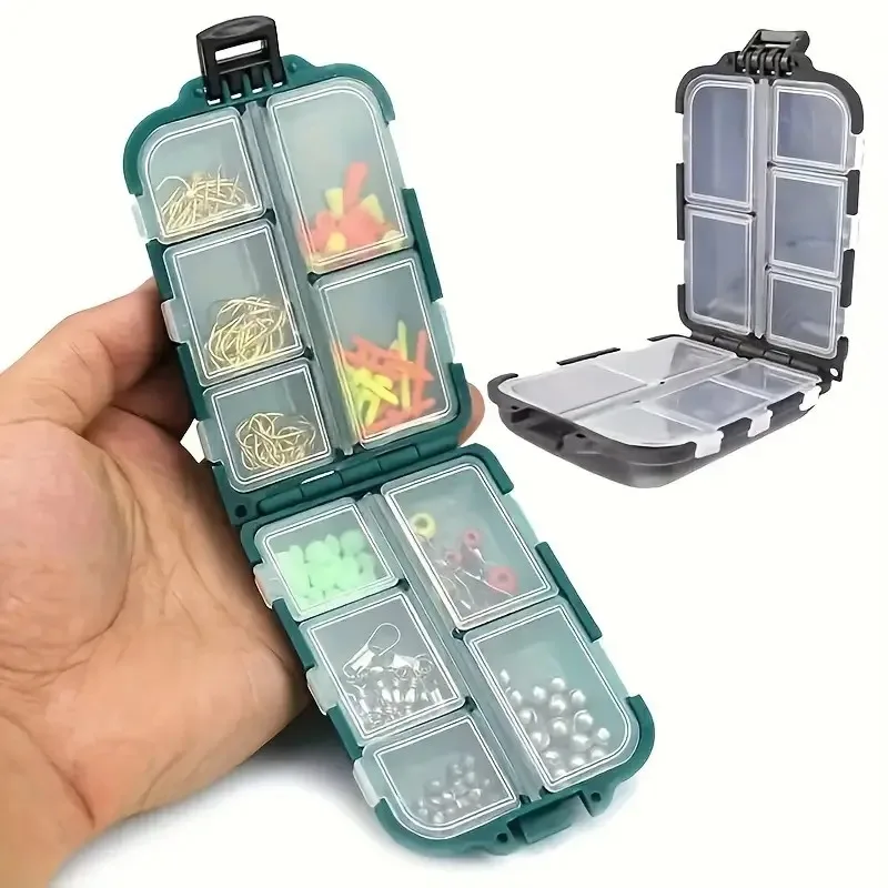 Caja de aparejos de pesca con 10 compartimentos, caja de almacenamiento para anzuelos y señuelos de pesca, organizador de herramientas y accesorios