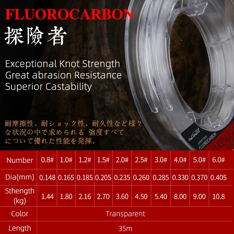 TSURINOYA-línea de pesca de fluorocarbono EXPLORER, línea principal de hundimiento de alta resistencia, 35m, 100% - imagen 2