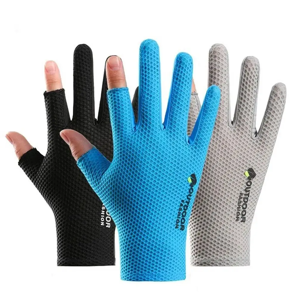 Guantes de malla de seda de hielo para hombre, protección solar de dos dedos, Anti-UV, antideslizantes, para exteriores