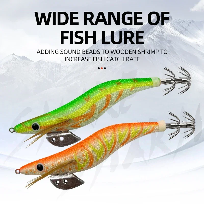 Nuevo 10 unids/bolsa, plantilla de calamar y camarones de madera que brilla en la oscuridad, nuevo estilo, señuelo de pesca, plantillas luminosas de calamar con 2,5 # ,3.0 # ,3.5 # Cebo de pesca con anzuelo - imagen 3